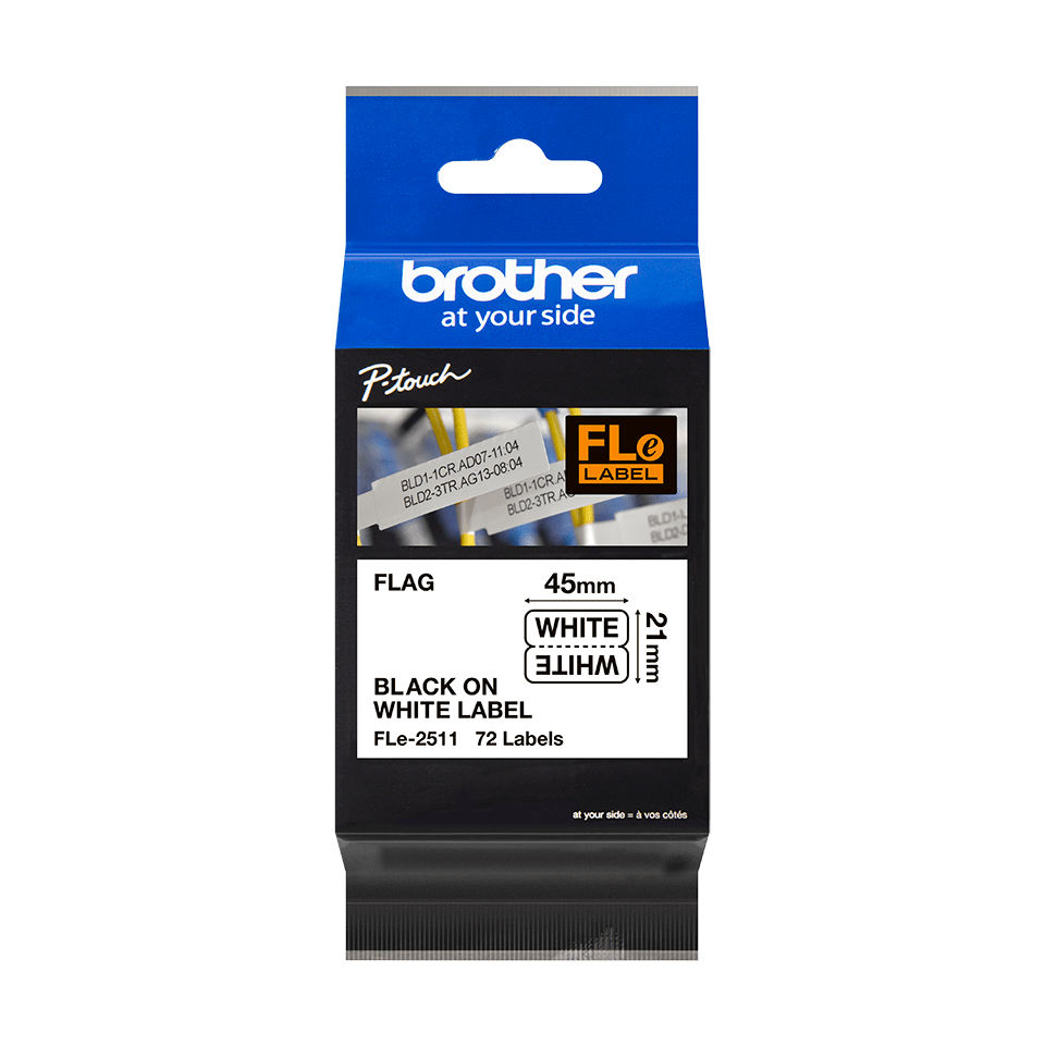 Brother Fle-2511: кассета с оригинальной лентой шириной 21 мм (вырезанные наклейки для печати чёрным шрифтом на белом фоне)  3